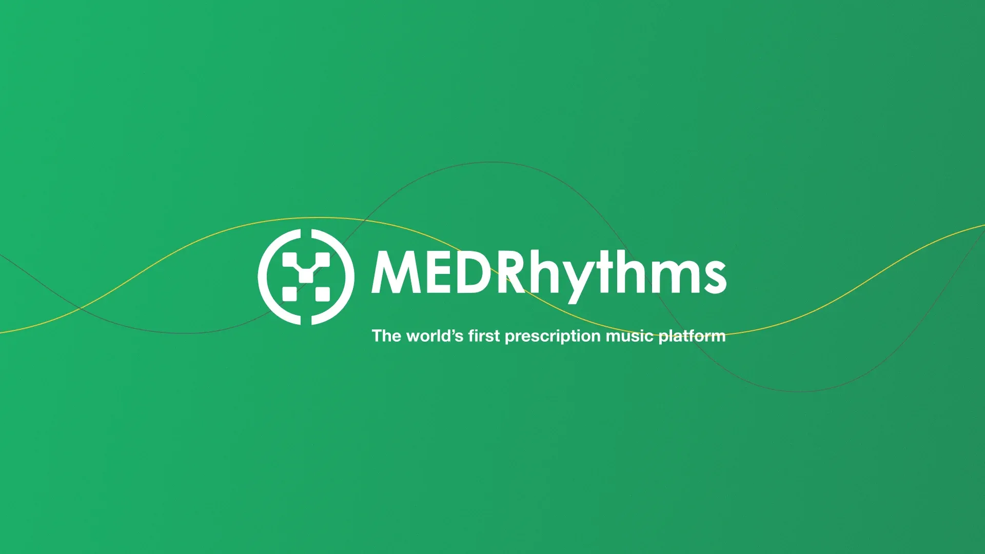 MEDRhythms wordmark with the world's first prescription music platform tagline on a green brand backdrop
