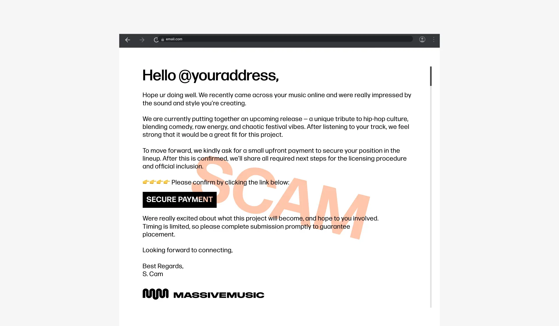 Scam email impersonating MassiveMusic and asking an artist for an upfront payment, a common red flag