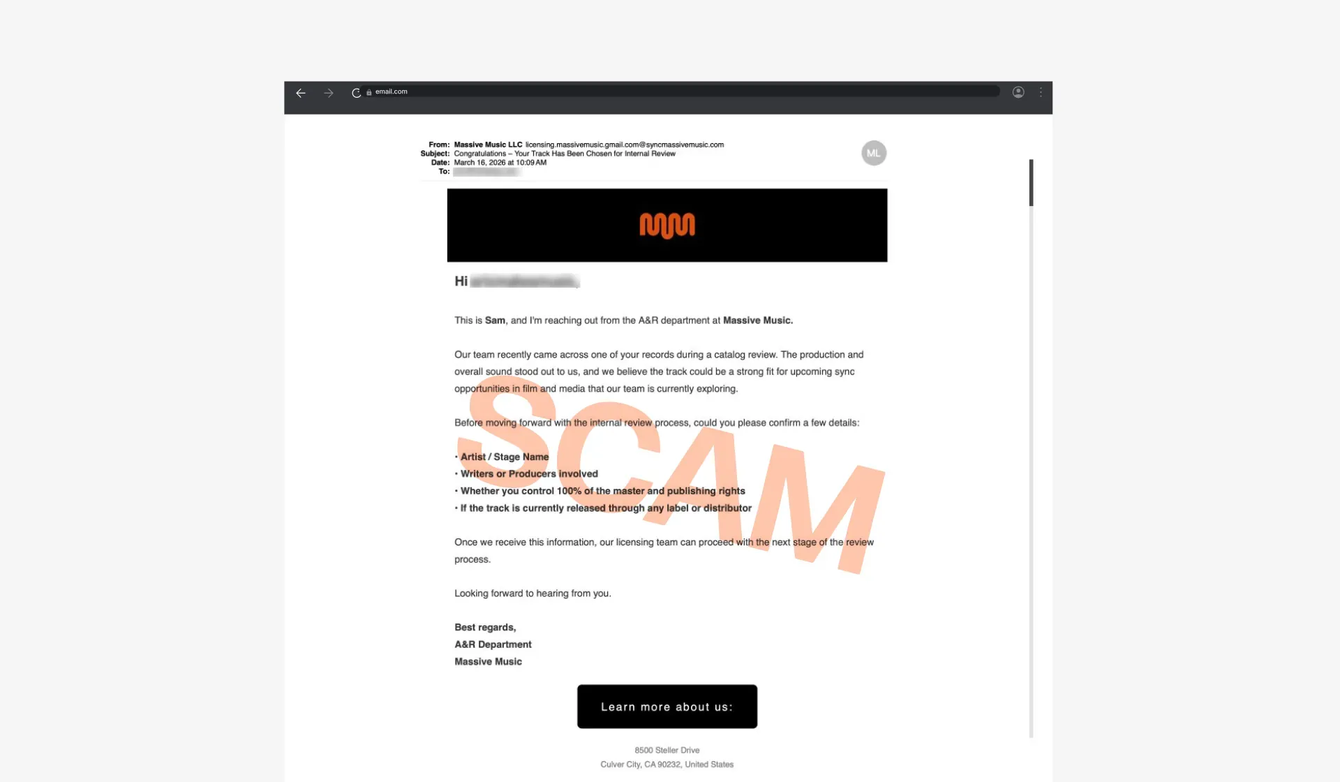 Example of an unsolicited artist outreach email using fake branding to target musicians