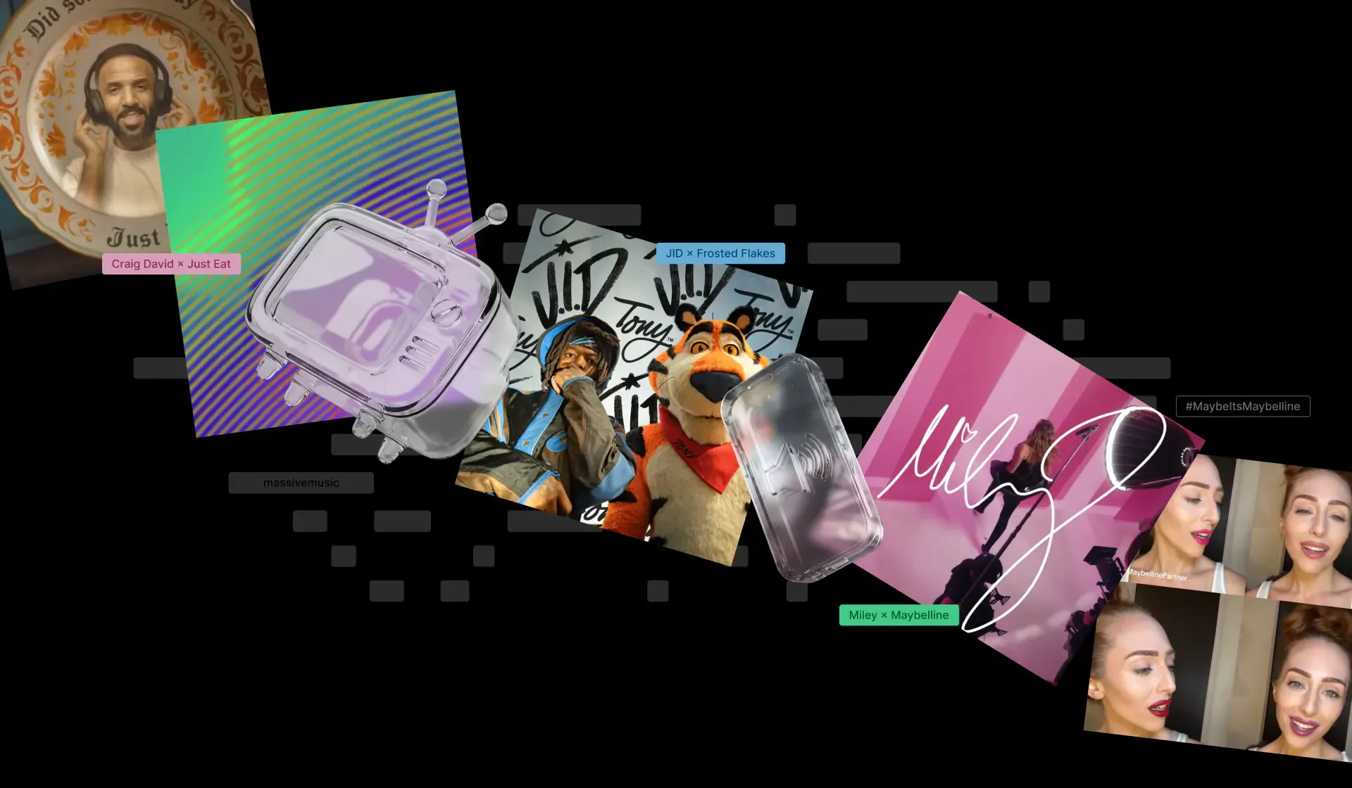 Collage of jingle campaigns: Craig David x Just Eat, JID x Frosted Flakes and Miley x Maybelline artist collabs