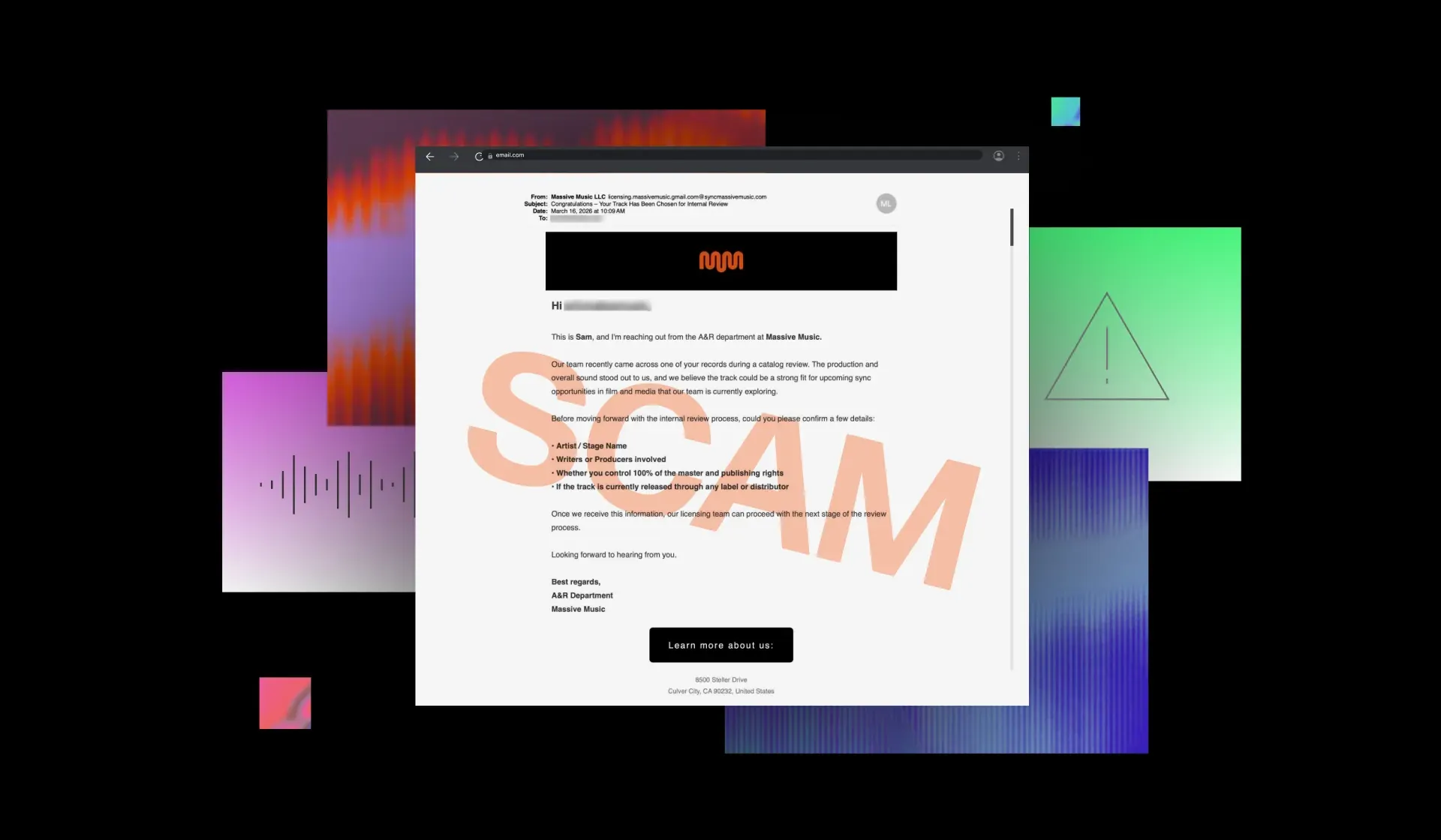 Example of a fake sync placement email, one of the music licensing scams artists should watch for in 2026