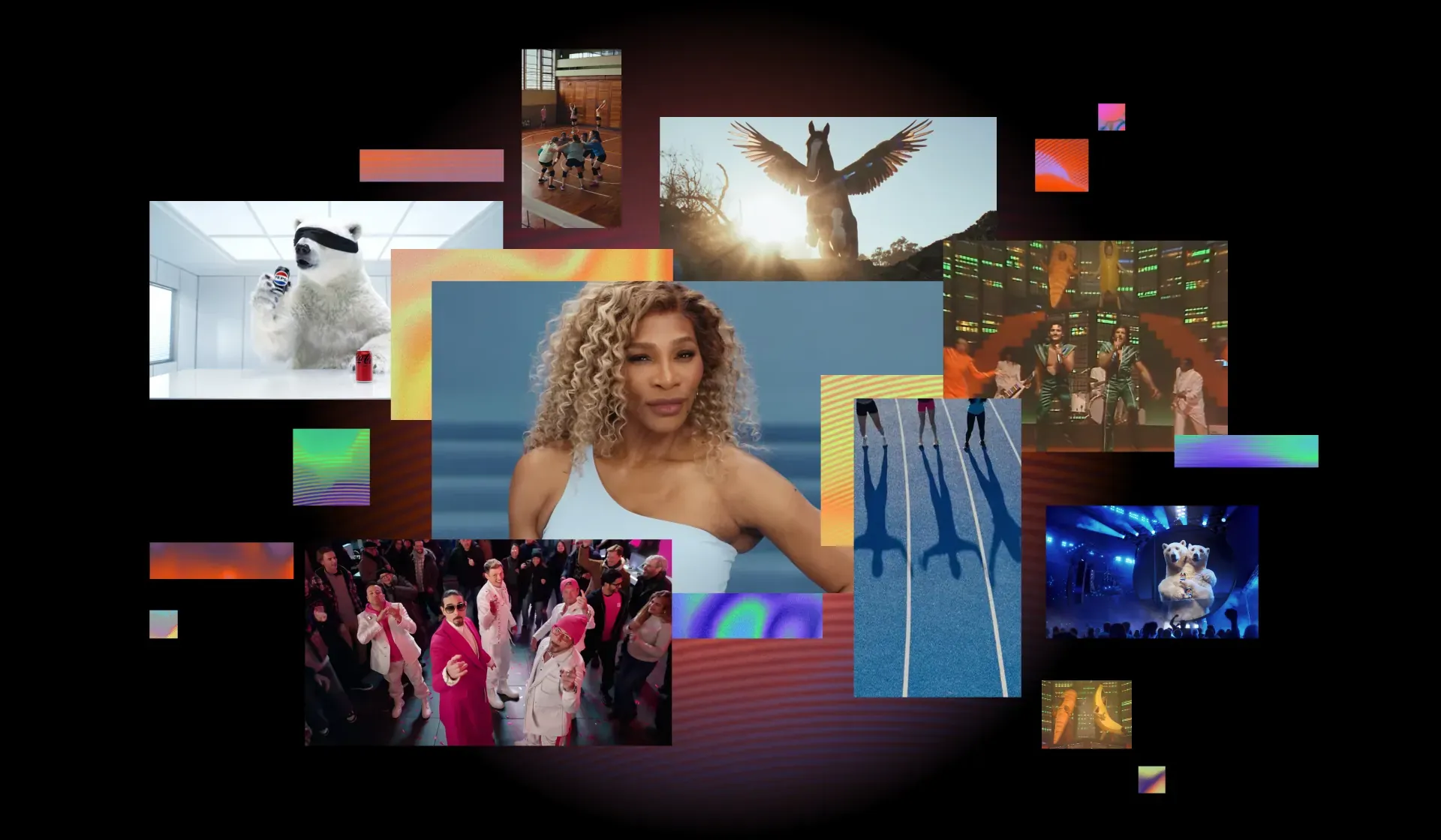 Stills from Super Bowl ad campaigns over colour bars, tested with Campaign MusicIQ