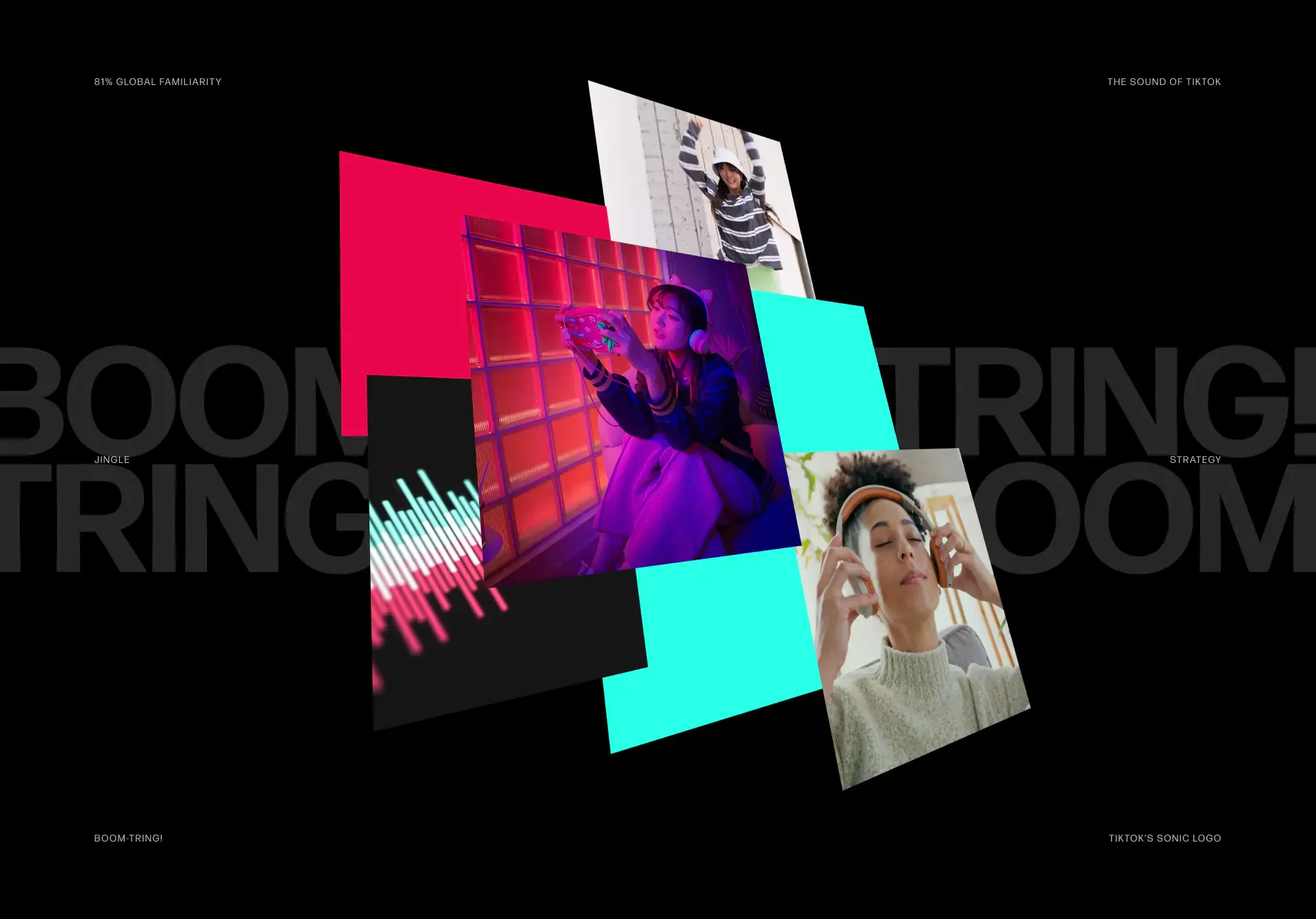 Collage of TikTok's Boom-Tring sonic logo with listeners in headphones, a modern take on the jingle