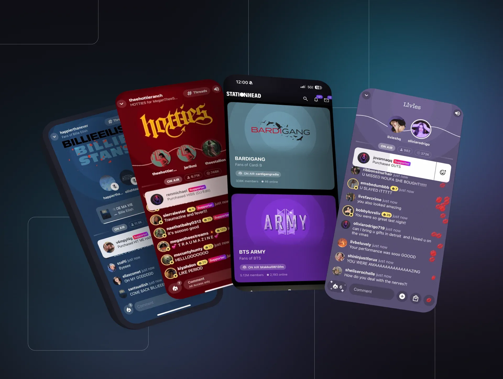 Multiple phone mockups displaying the Stationhead music streaming app interface