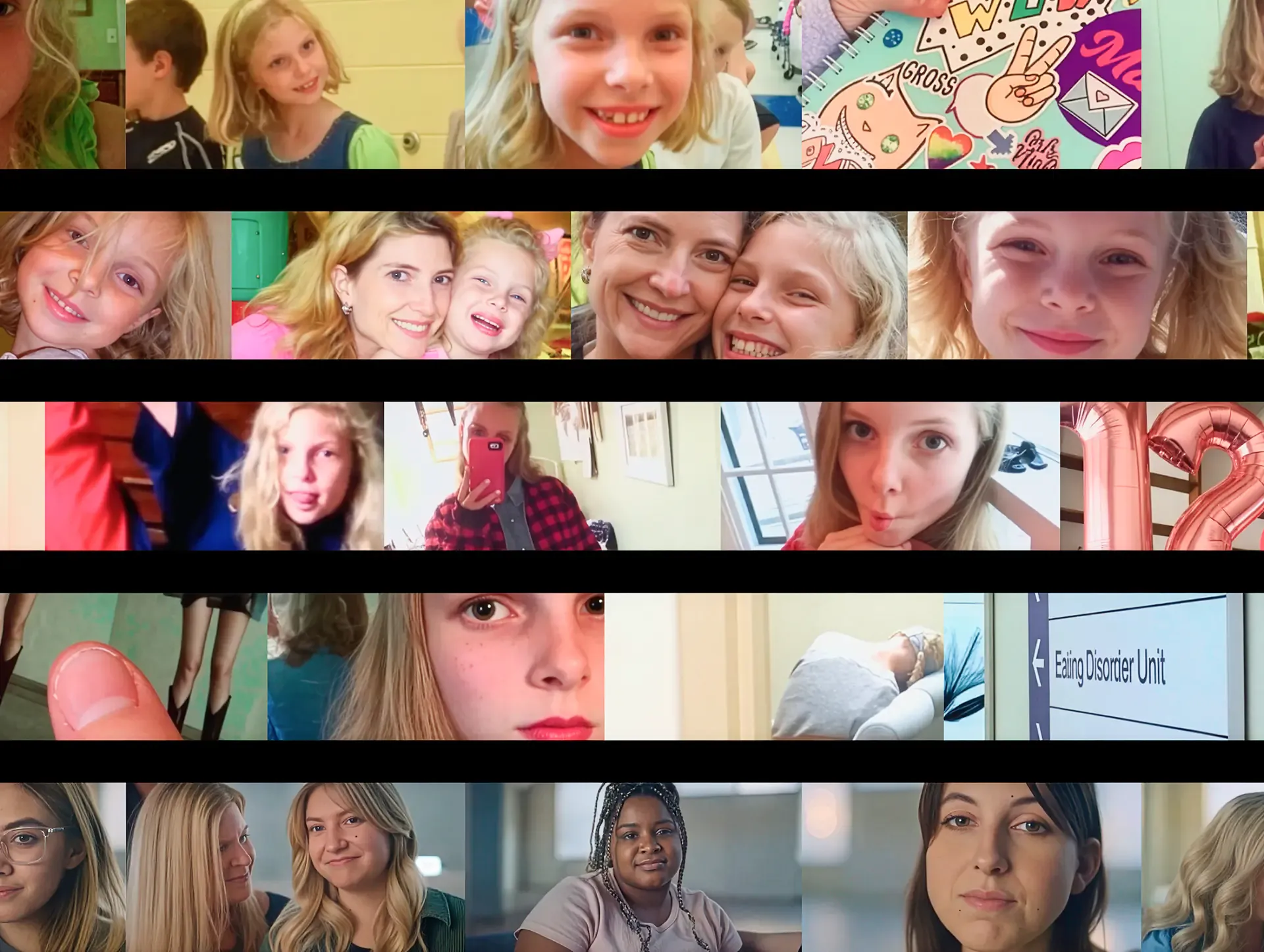 Collage of stills from Dove's Cost of Beauty film tracing a young girl's story