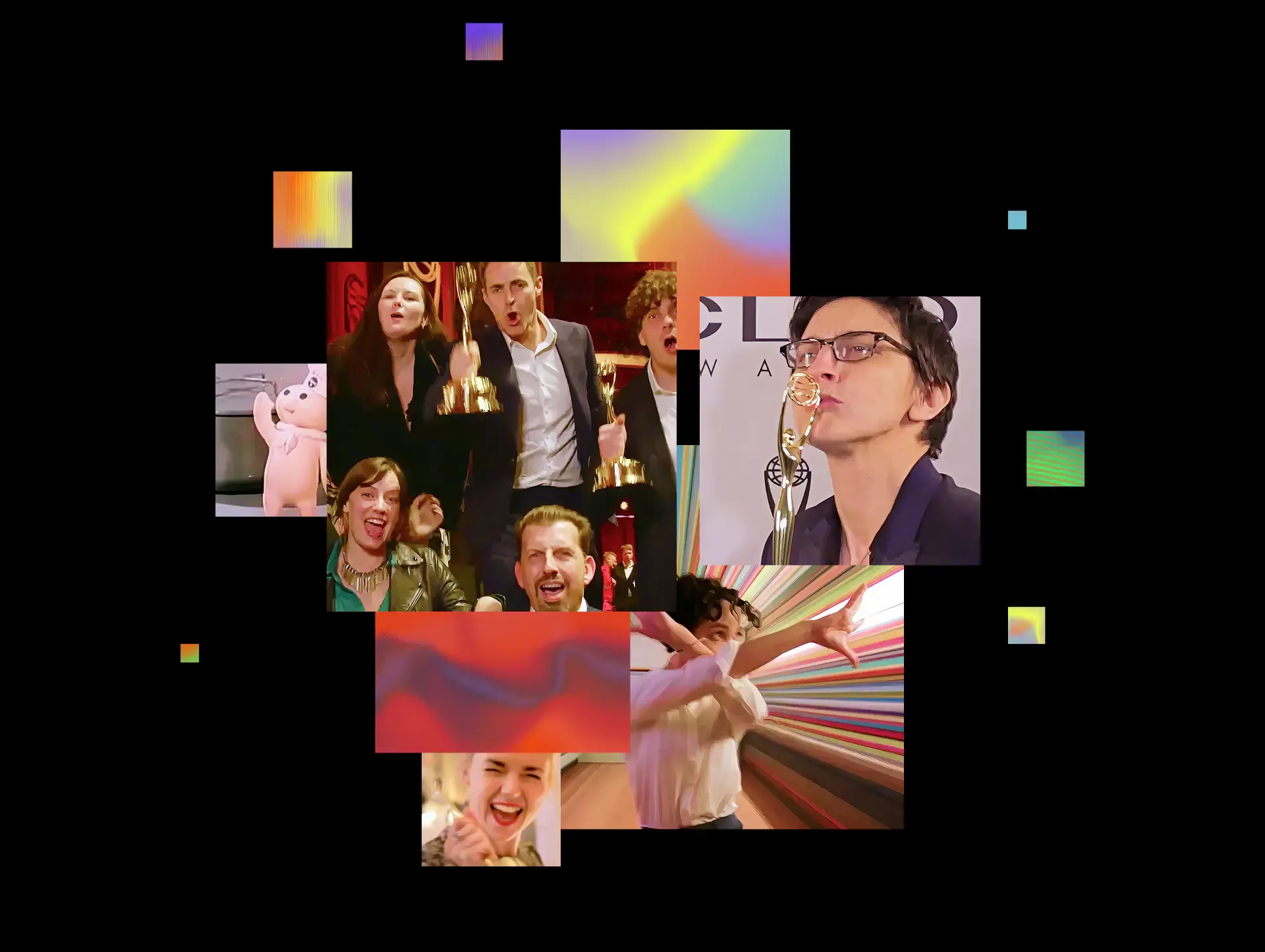 Collage of CLIO Awards photography and coloured pixel squares from the MassiveMusic awards win