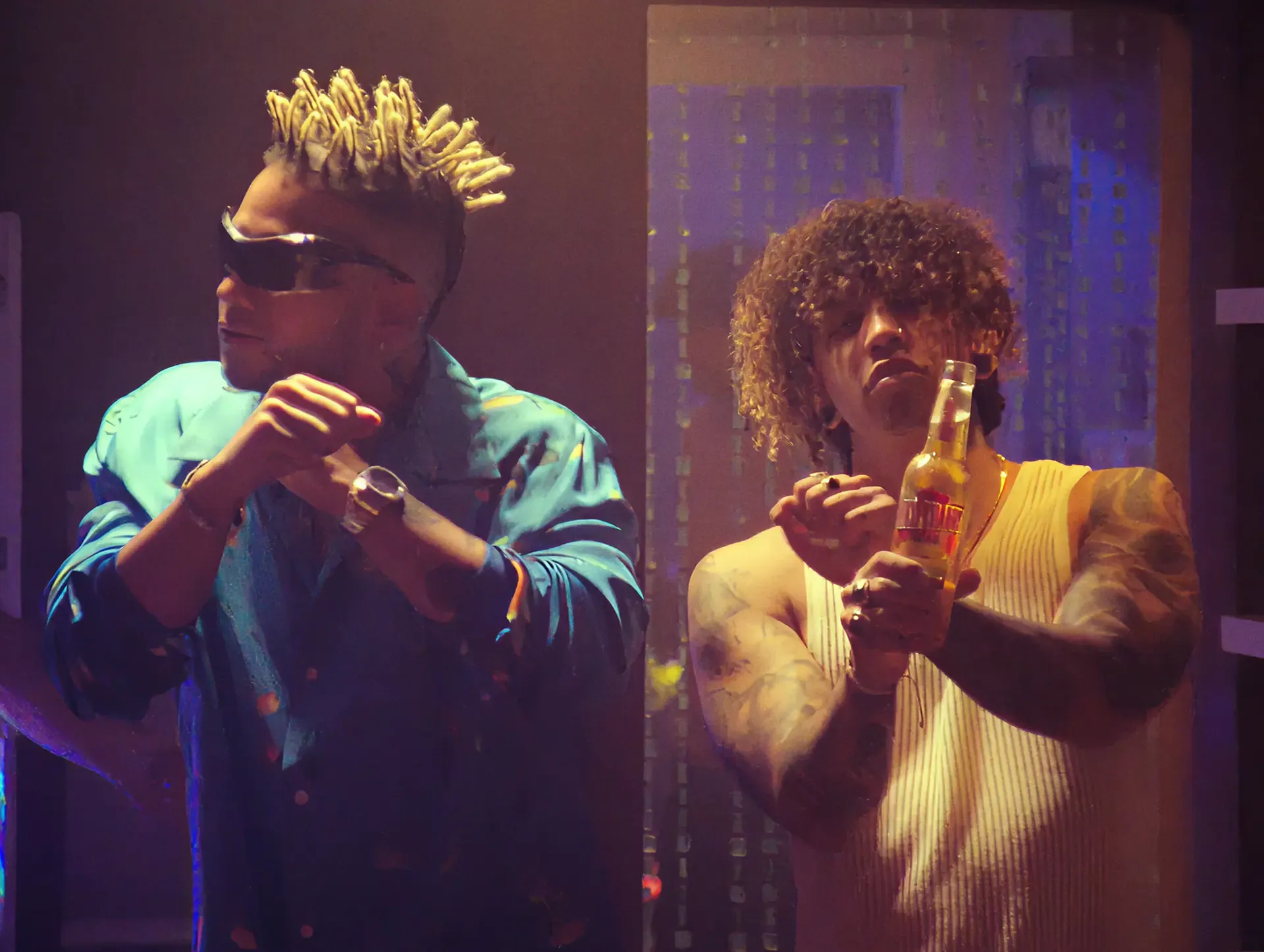 Two men drinking Desperados beer at night under neon light, from the MassiveMusic Desperados campaign
