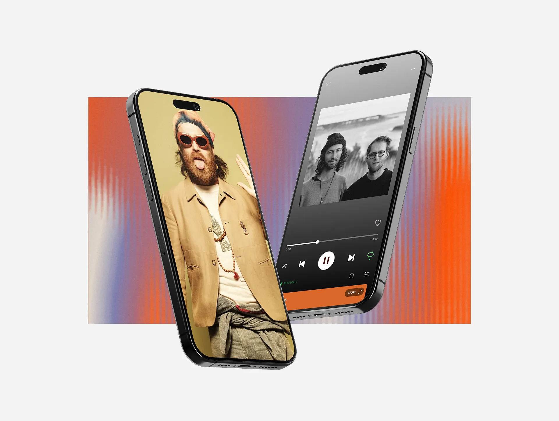 Two phones showing the Symphonic player, with artist artwork on one screen and playback controls on the other, set on an orange and blue gradient
