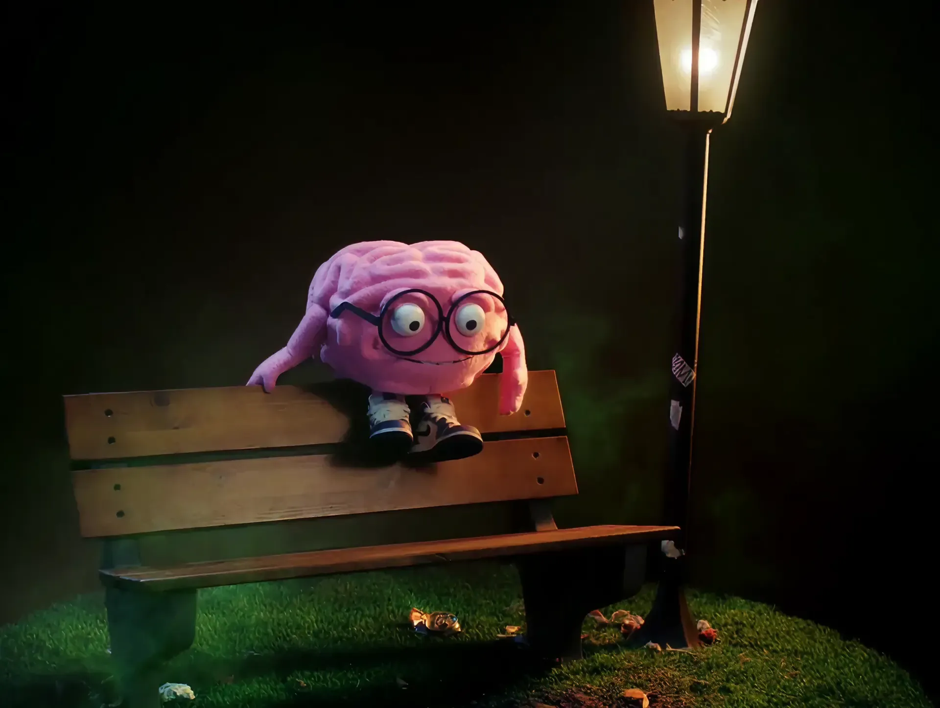 Brain puppet character sitting on a park bench at night under a streetlamp, Dutch Ministry of Health campaign