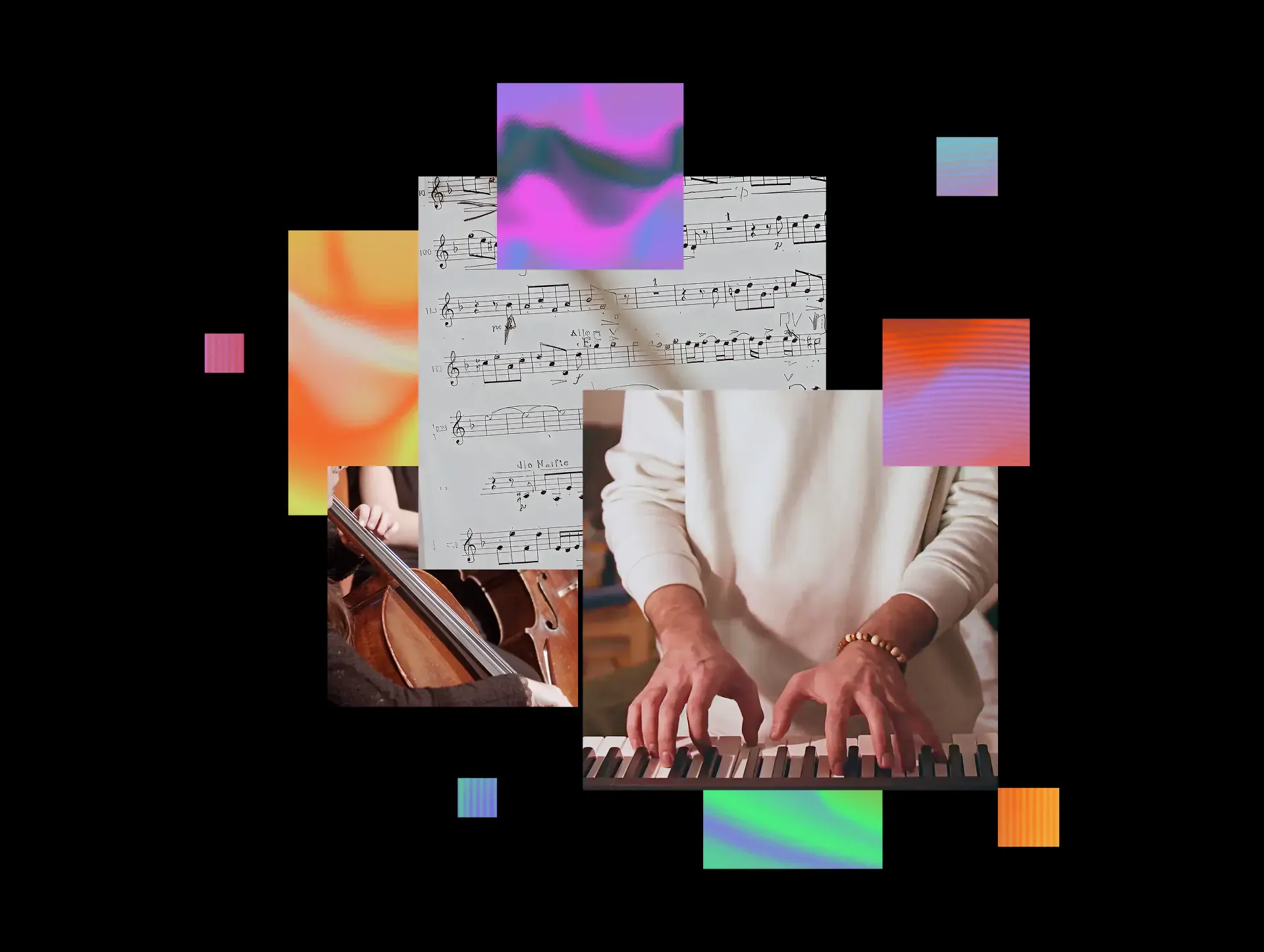Collage with piano, cello and sheet music imagery representing the sound design behind MassiveMusic's CLIO win