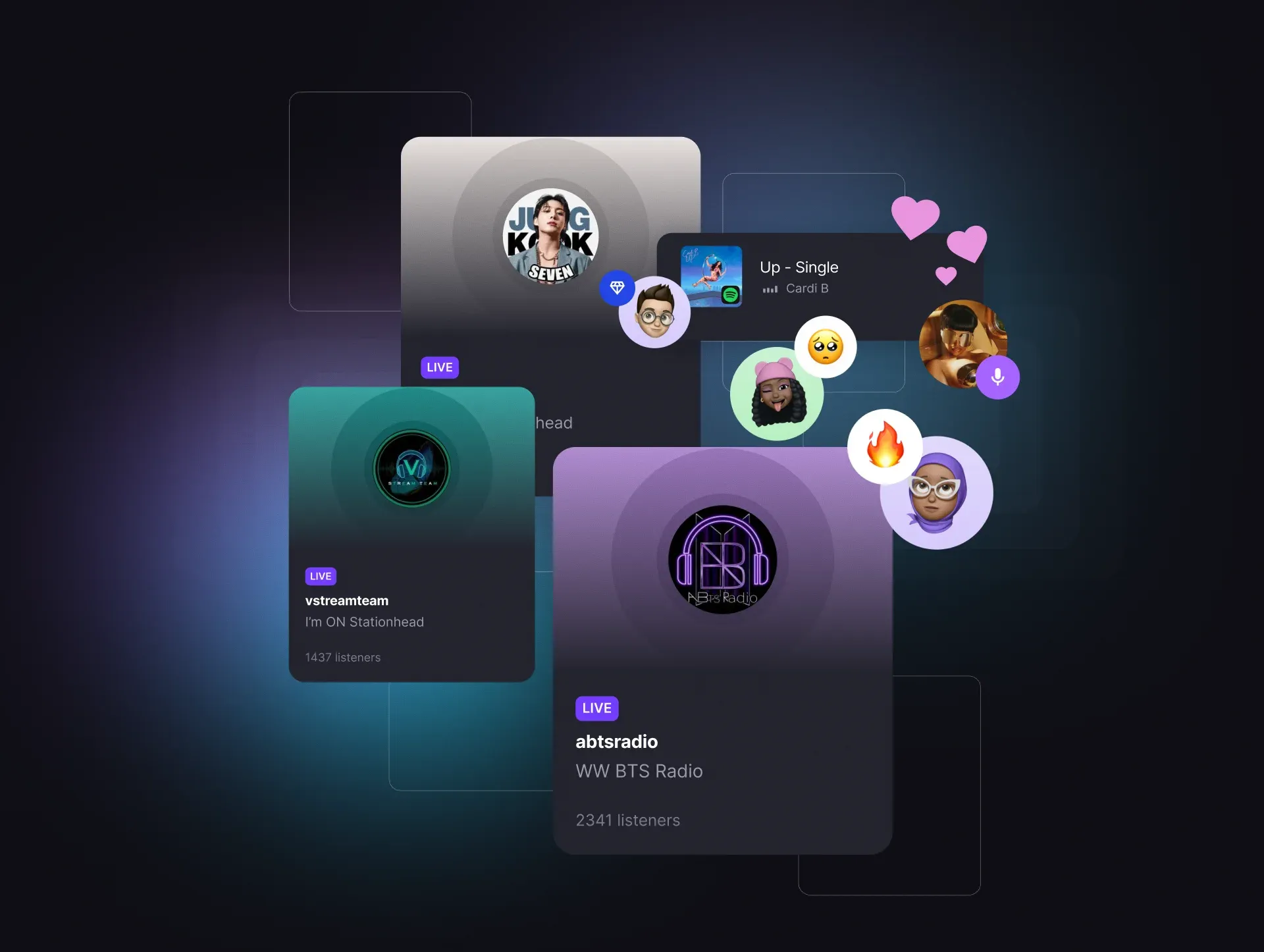 Floating cards showing Stationhead music streaming stations with album artwork