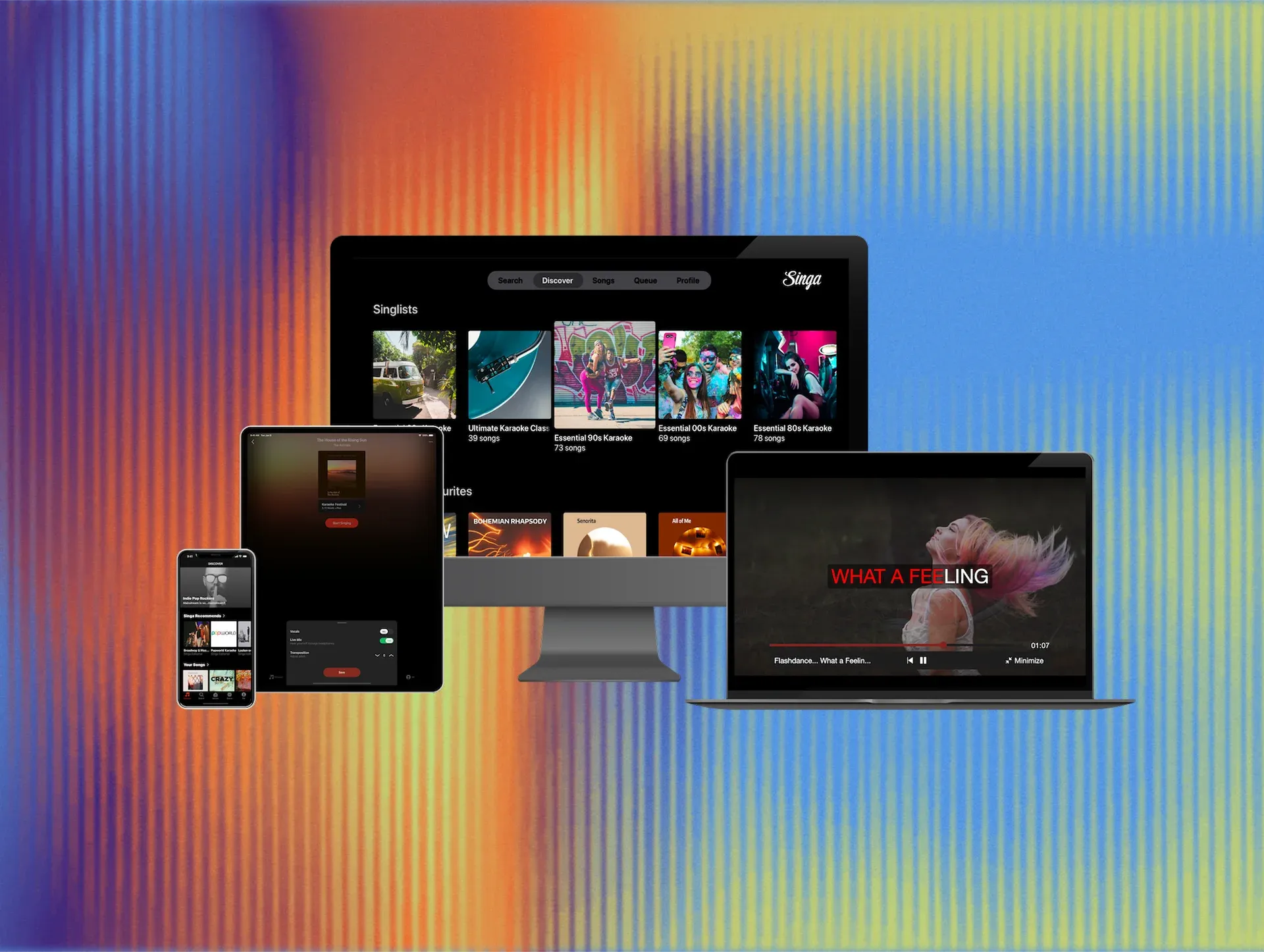 Singa karaoke platform shown on a laptop, tablet and phone with songlists and live performance views