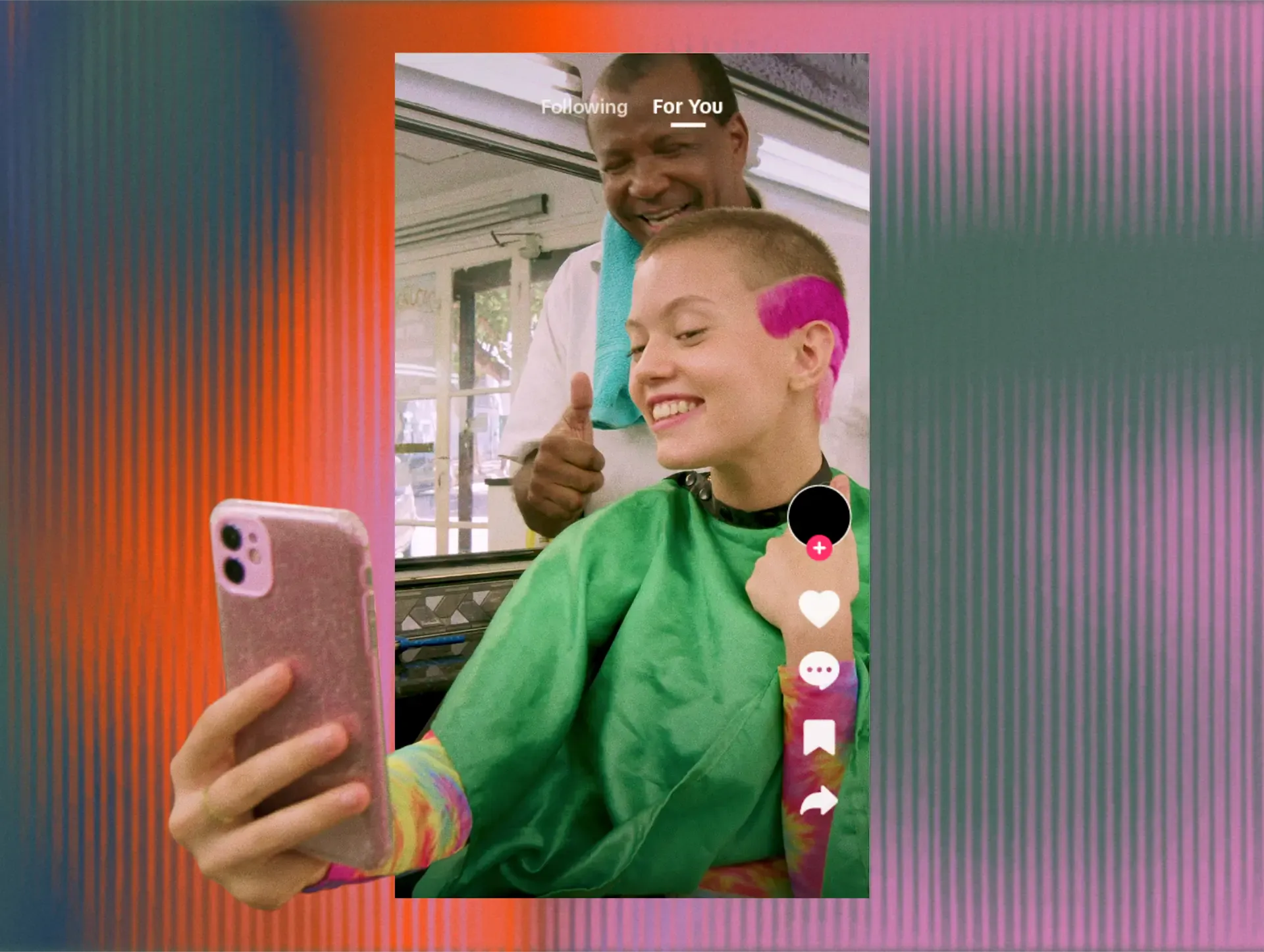 Woman with pink shaved hair filming a barbershop selfie on the TikTok For You feed
