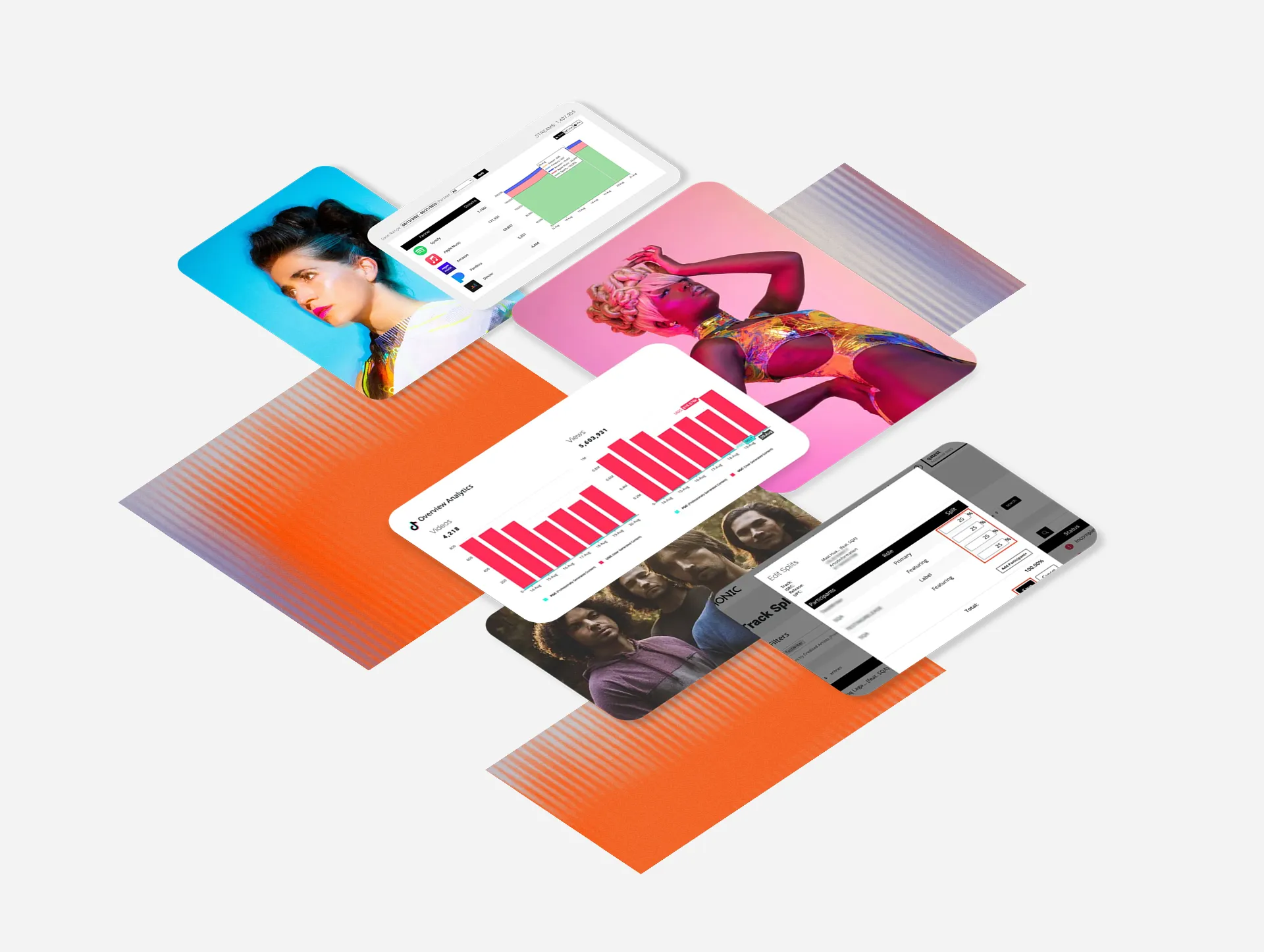 Collage of Symphonic analytics dashboards and streaming charts interleaved with artist portraits