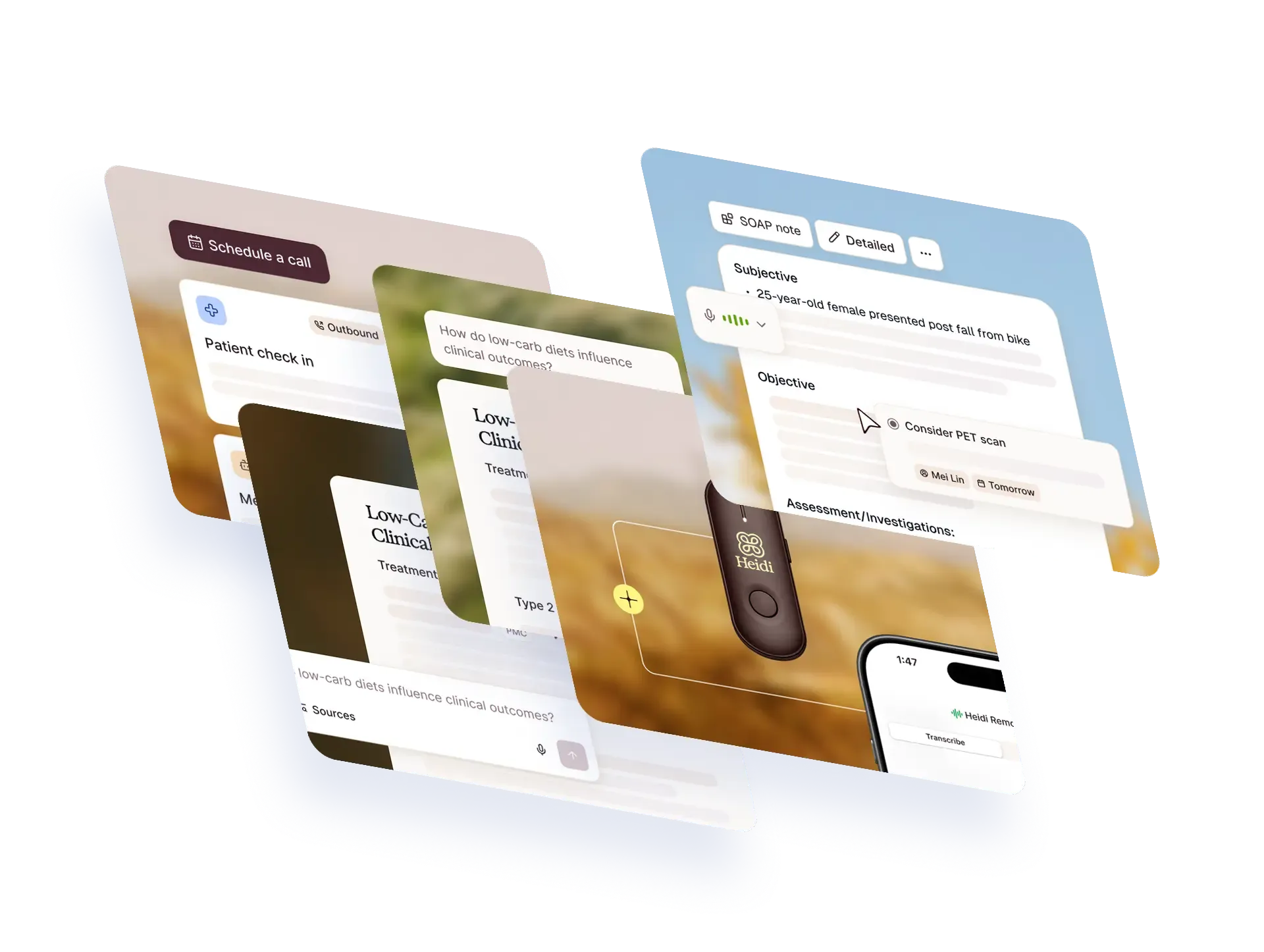 Floating cards showing the Heidi AI scribe interface with SOAP note, patient check-in and pebble device that would be accompanied by the brand's sonic identity.