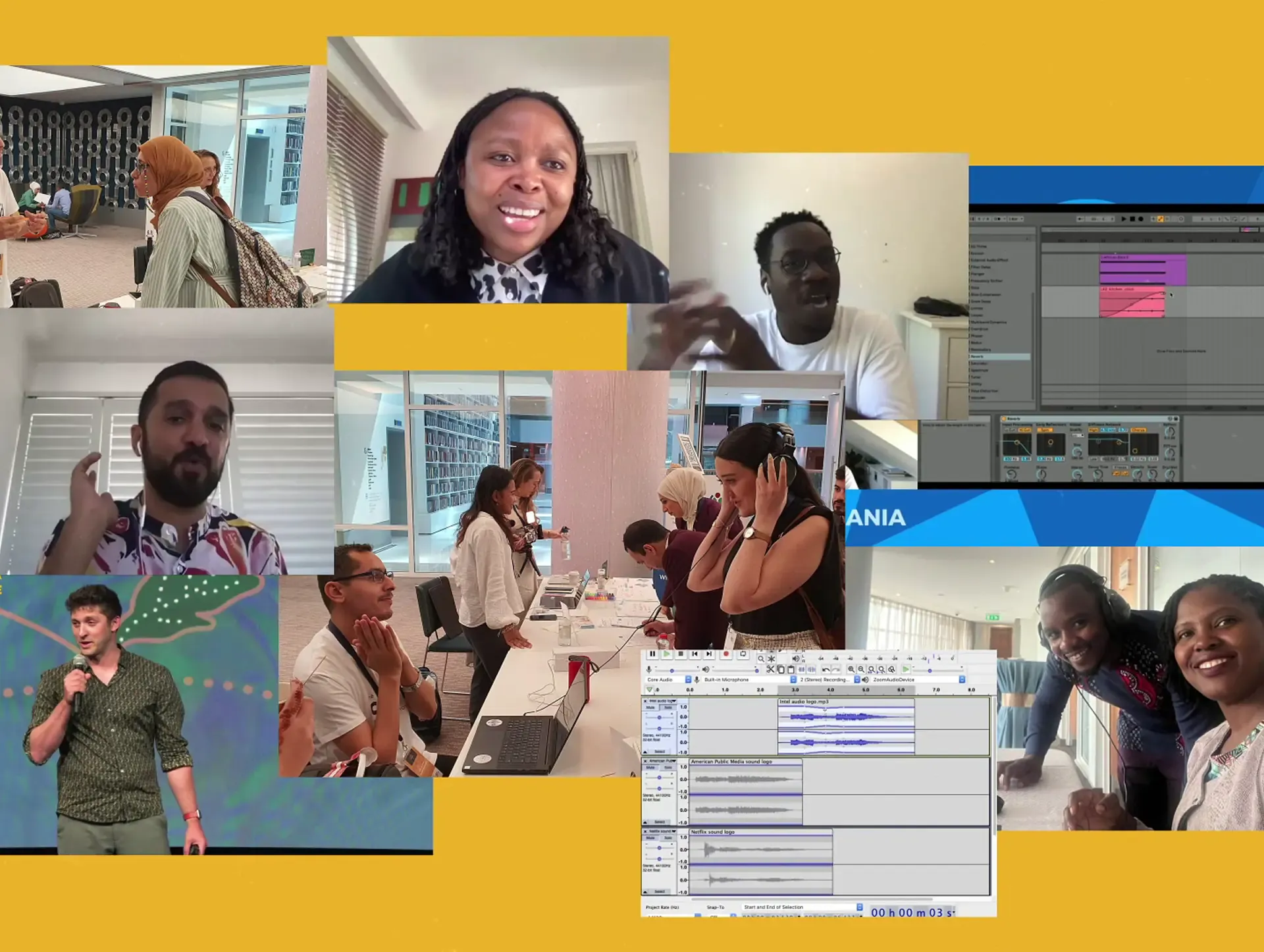 Collage of Wikimedia sound logo contest participants in workshops, video calls and audio editing sessions