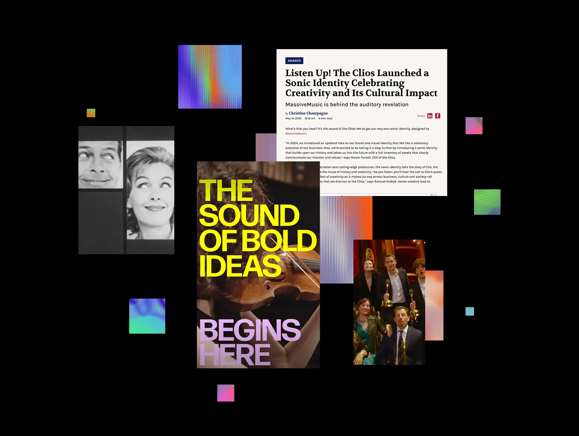 Press coverage collage featuring articles and visuals about MassiveMusic's Sound of CLIOS campaign