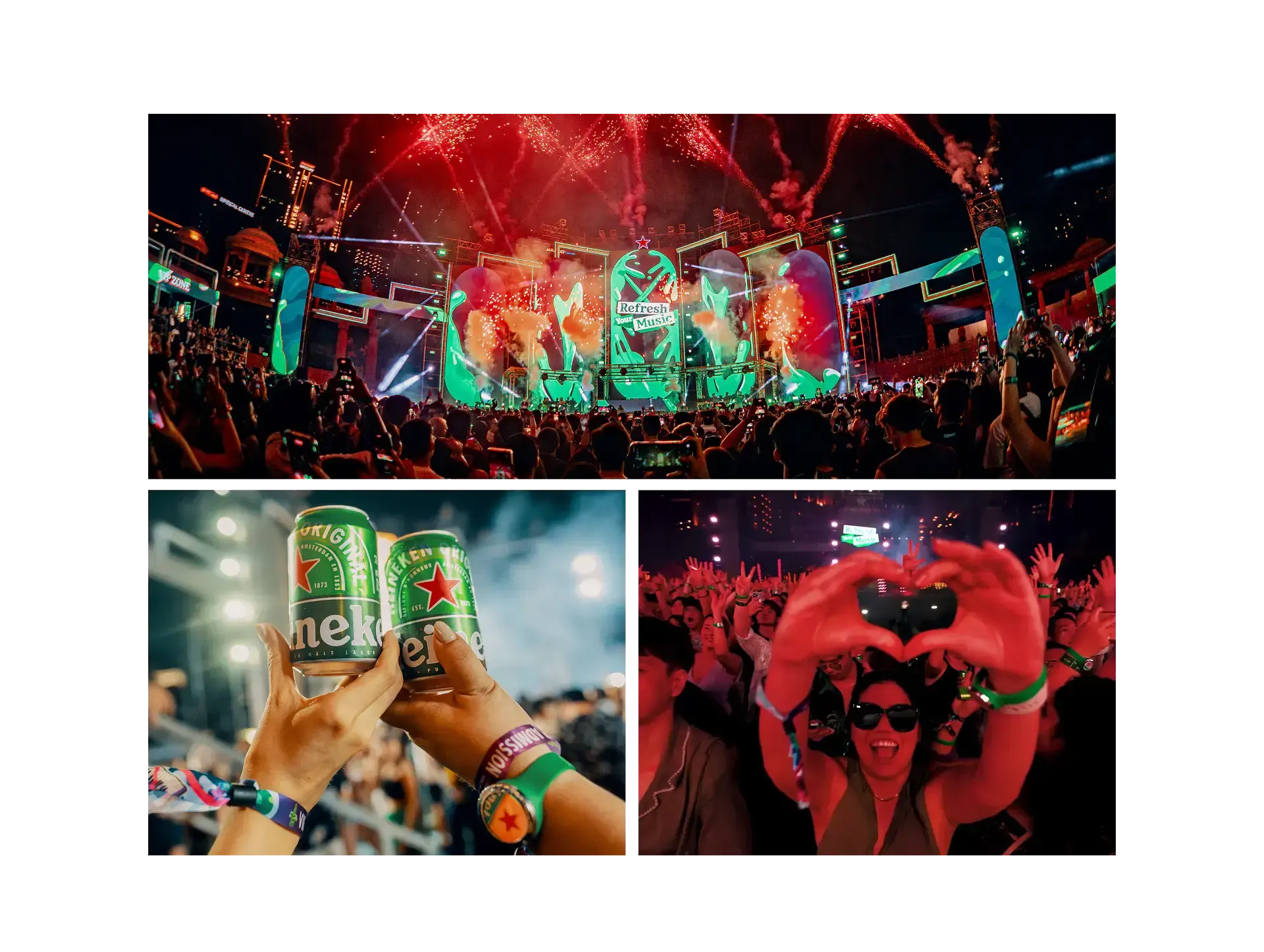 Crowd at a Heineken music event brand activation lit with bright concert lighting and pyrotechnics, also showcasing the signature can.