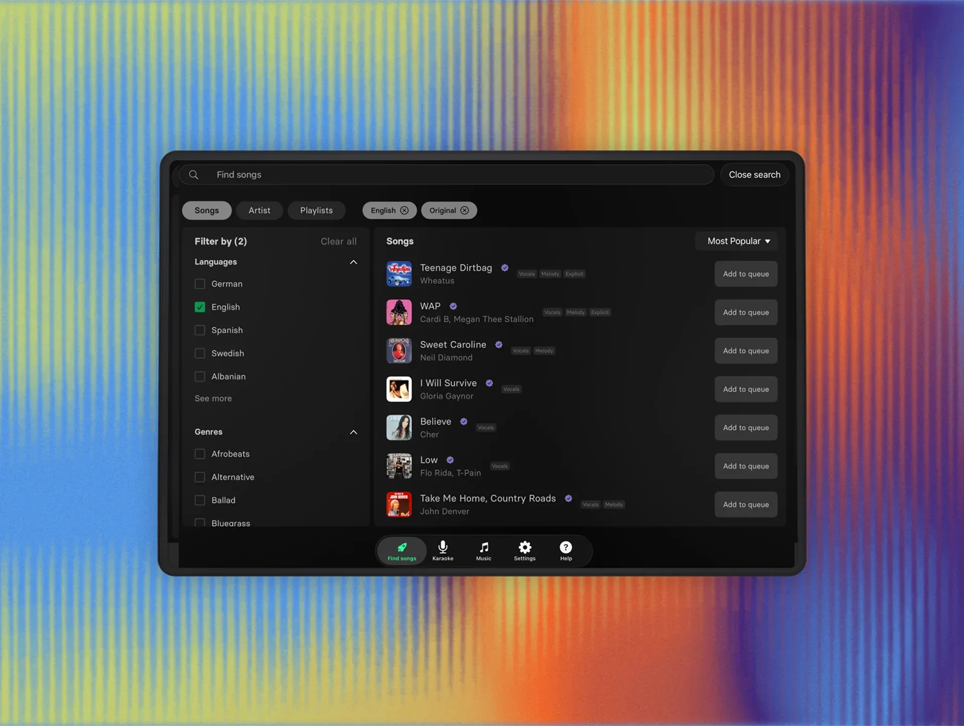 Tablet showing a karaoke app song catalogue with search, filters and a list of popular tracks ready to queue