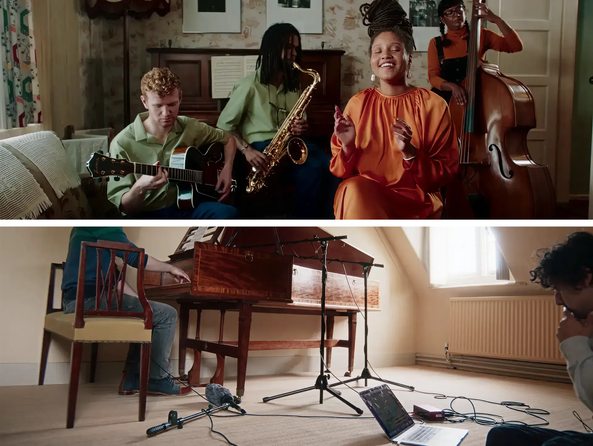 Live band with saxophone and singer plus a harpsichord recording session, from the Sound of National Trust