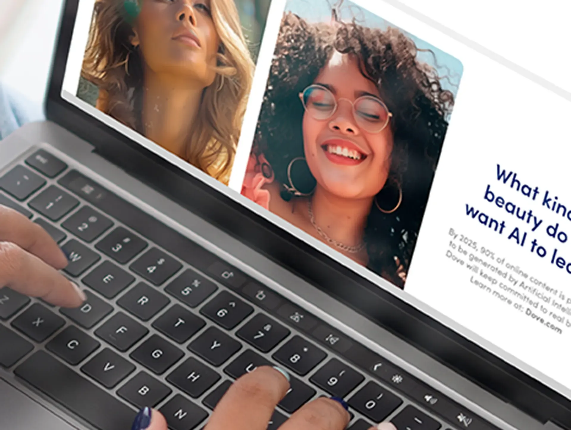 Laptop showing Dove's The Code page asking what kind of beauty we want AI to learn