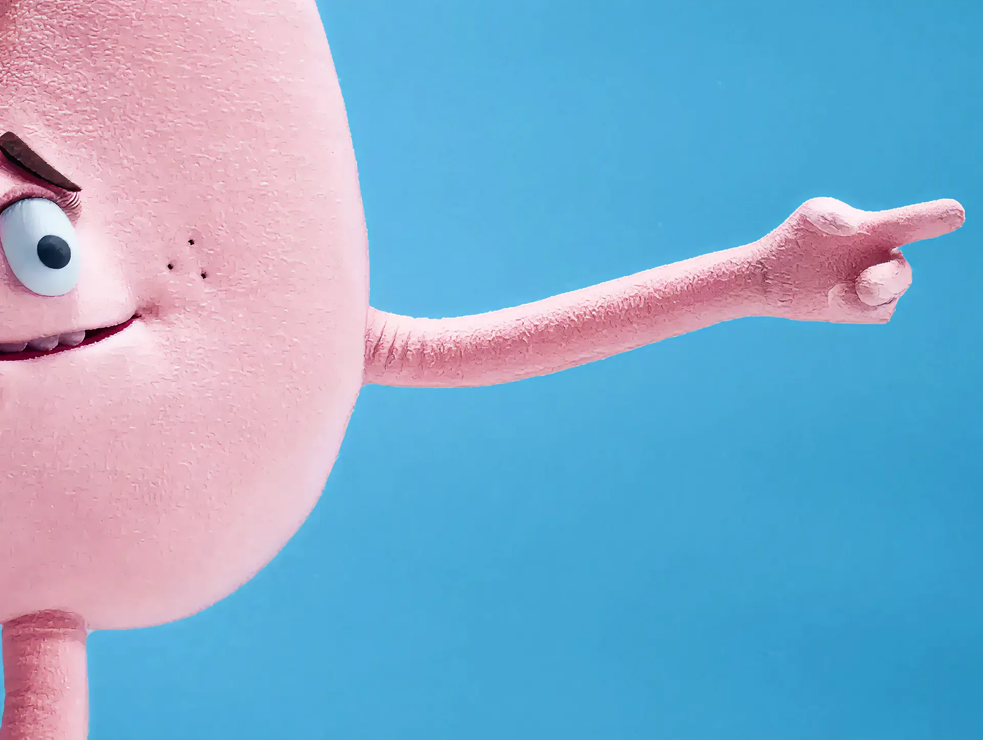 Pink lung puppet pointing with its arm on blue, from the Dutch Ministry of Health anti-vaping campaign