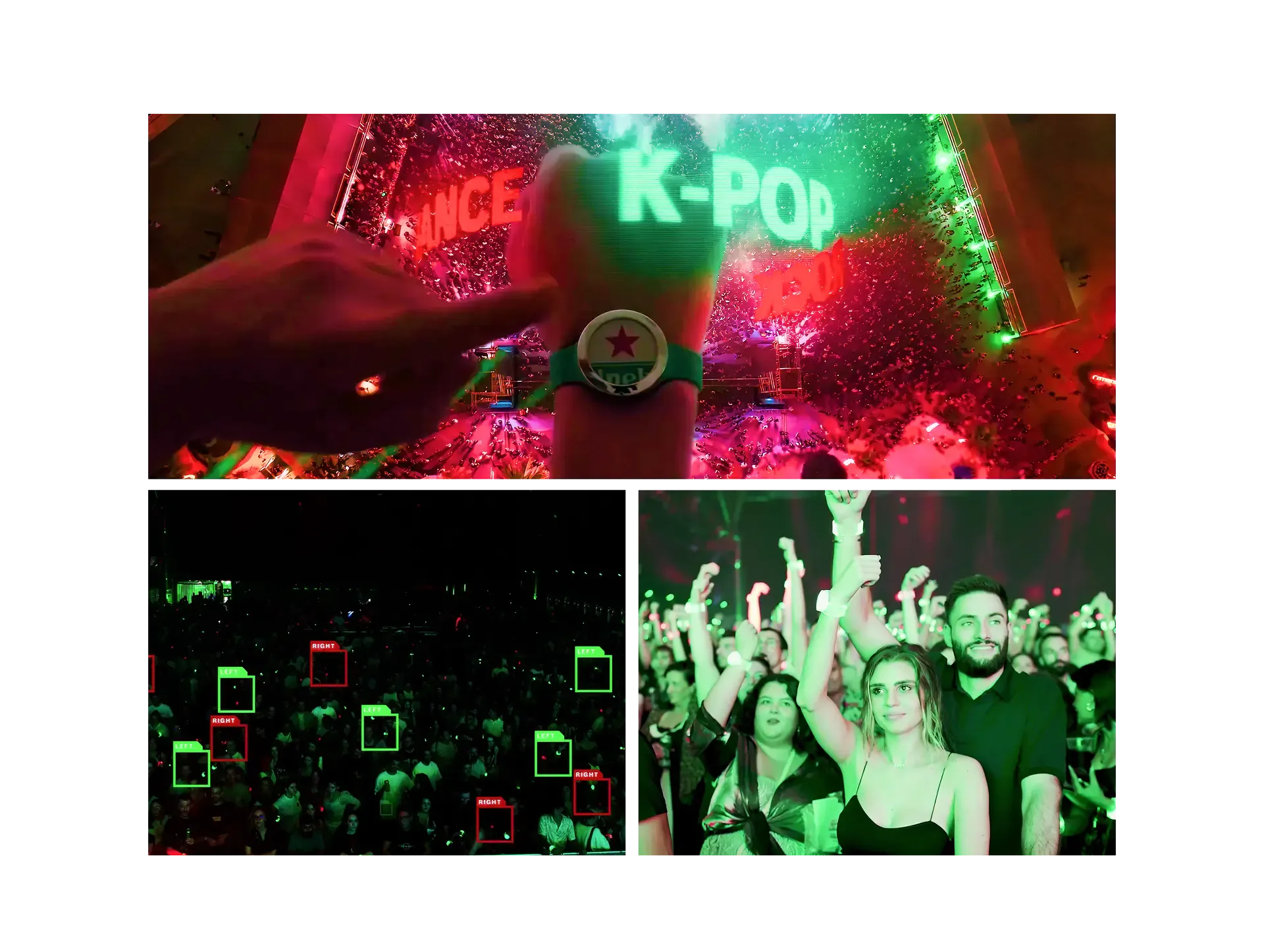 Heineken K-pop brand activation with lit concert wristbands and a roaring crowd at the stage.