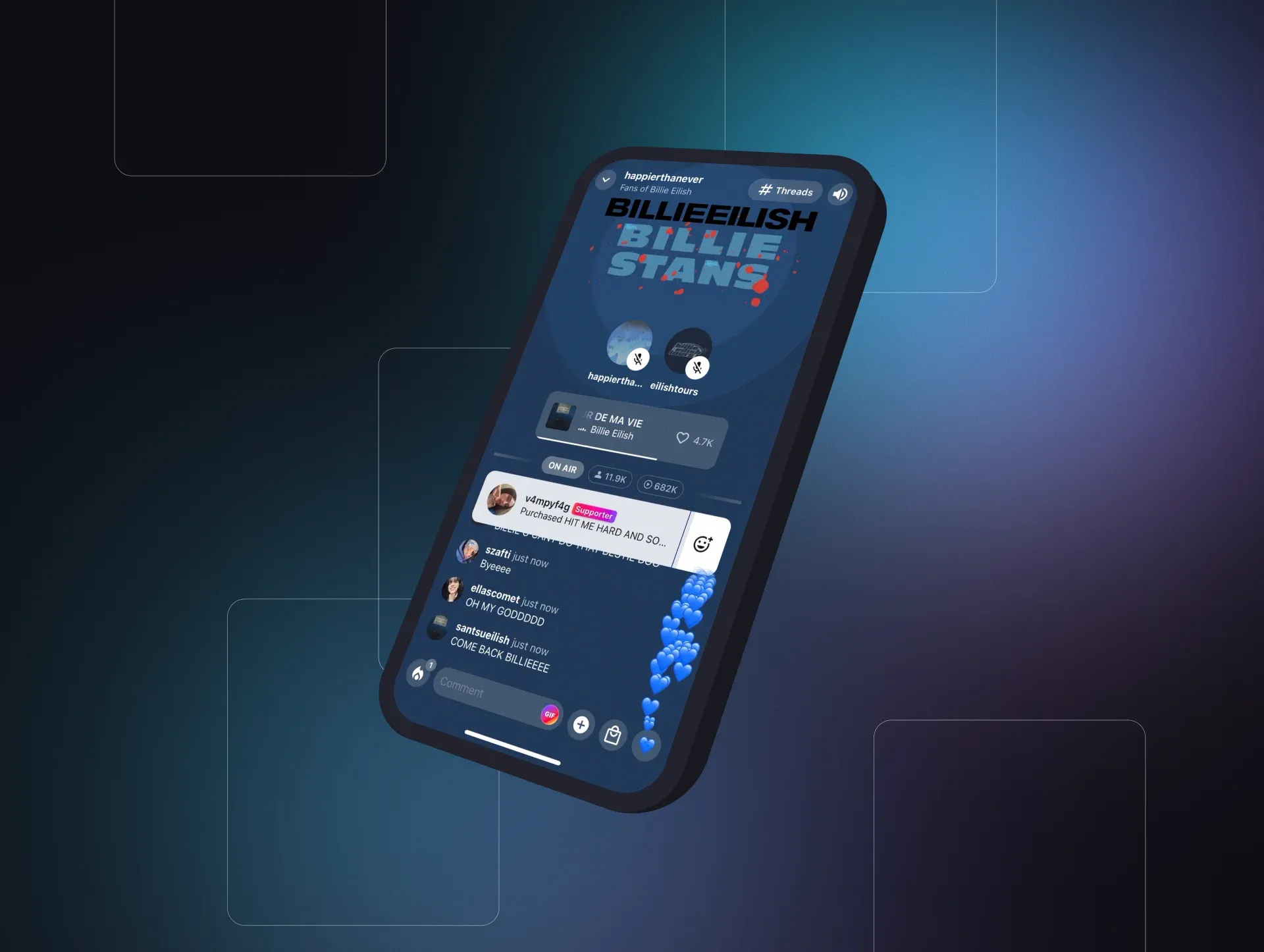 Phone mockup of Stationhead app with social music streaming community and chat features