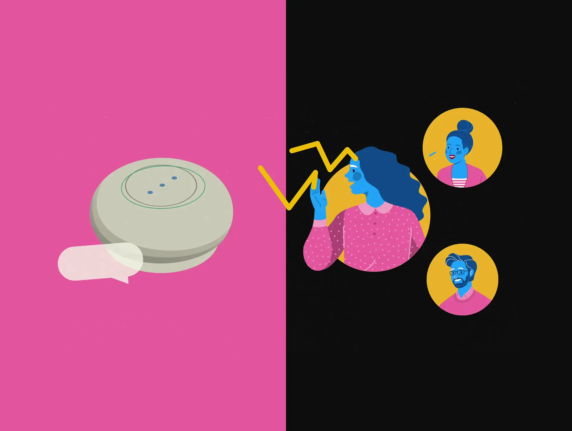 Illustration of a smart speaker with people avatars, from the Sound of Wikimedia campaign