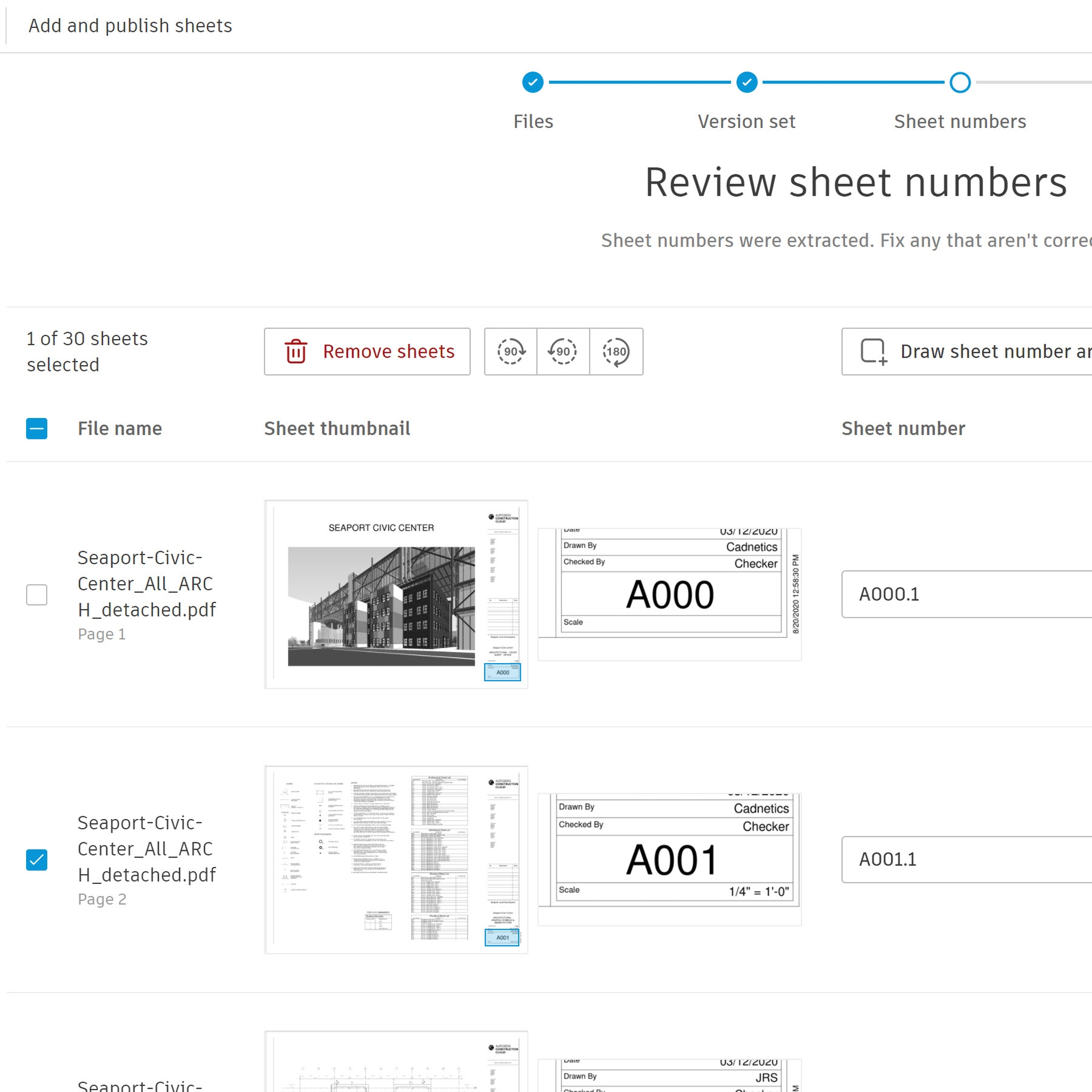 Construction Drawings Software Screenshot of Sheet lists.