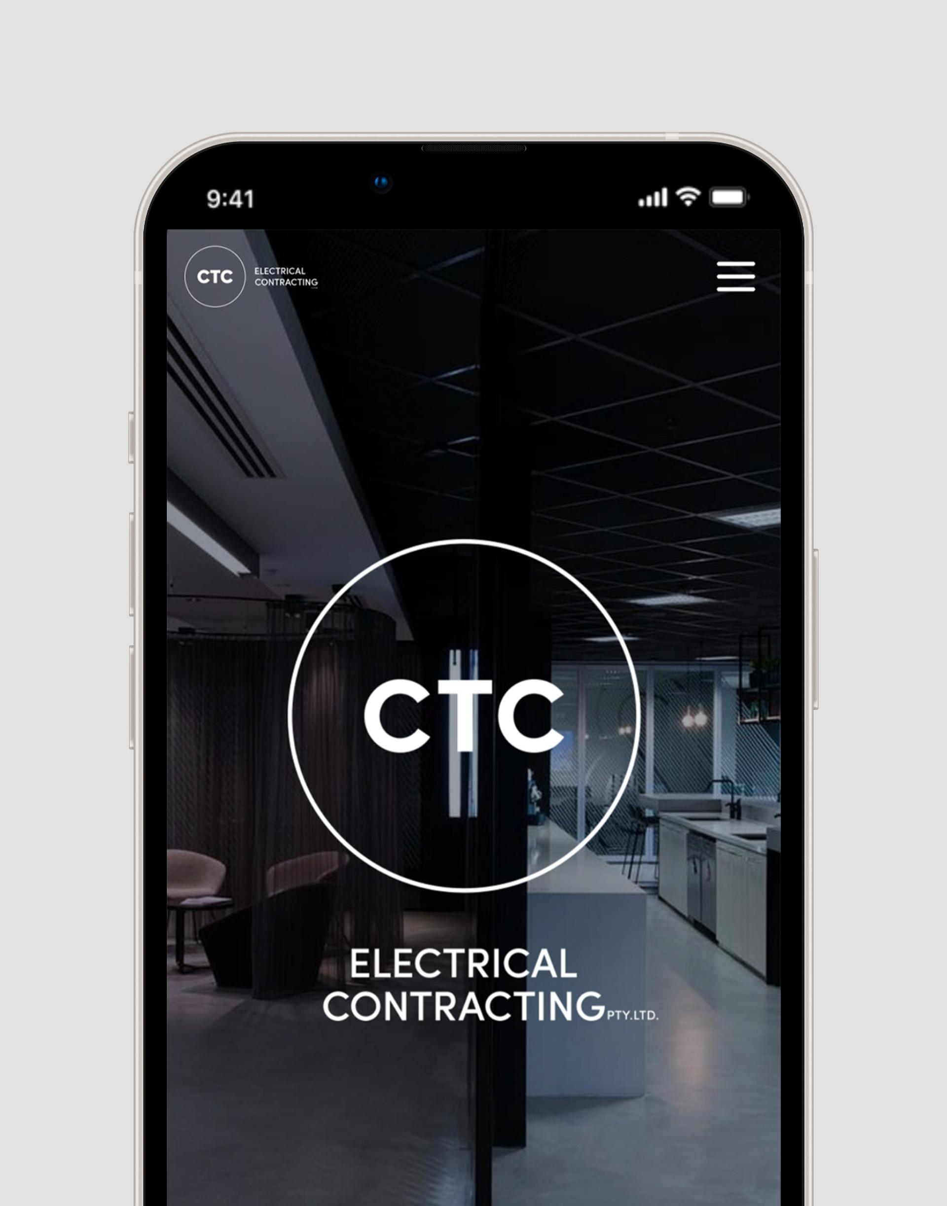 CTC Electrical Contracting hero section displaying the CTC company logo and menu icon. 
