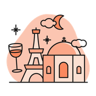 A graphic showcasing a wine glass, the Eiffel Tower, and a museum building.