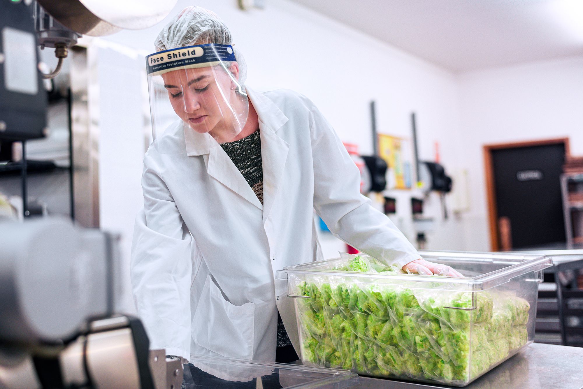 woman wearing white coat, gloves, face shield and hair net packing lettuce for hoagies into a transparent plastic box
