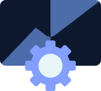 Blue gear icon in front of a dark square divided into two triangular sections, one dark and the other light blue.