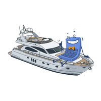 Smiling blue cartoon calculator character sitting on a luxury yacht.