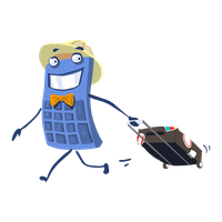 A cartoon calculator wearing a hat and bowtie, smiling and pulling a suitcase.