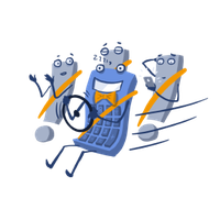 Illustration of three anthropomorphic mobile phones with expressive faces, orange accessories, and friendly gestures.