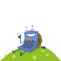 Cheerful calculator with arms, legs, and a bow tie, sitting on a grassy hill with daisies, waving with a friendly expression.