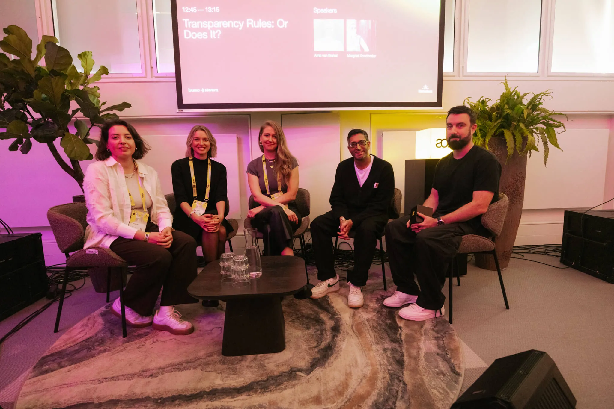 MassiveMusic's five person "Beyond Streaming" panel of Becky Wixon, Anjali Nazarenko, Aly Gillani, Myradh Cormican, and Scuba, seated for discussion at ADE.