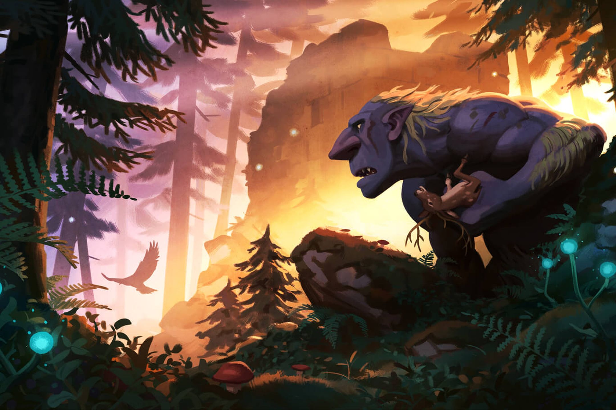 Artwork depicting troll in a forest setting