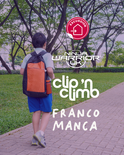 A child with an orange backpack walks on a park path, surrounded by trees. Logos for excursion, Ninja Warrior UK, Clip 'n Climb, and Franco Manca.