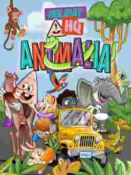 Cartoon safari scene with animals and kids in a jeep, surrounded by jungle elements, butterflies, and the words "Holiday HQ Animalia."