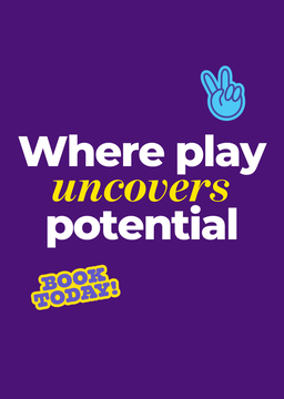 Purple background with text: "Where play uncovers potential" in white and yellow. Blue peace sign and yellow "BOOK TODAY!" sticker.