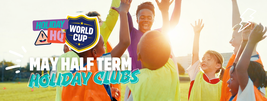 Children celebrating outside, wearing colorful jerseys, with "May Half Term Holiday Clubs" and "Holiday HQ World Cup" logos overlaying.