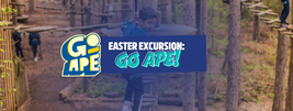 Boy climbing a wooden ladder in a treetop adventure park, surrounded by tall trees, with text overlay "Easter Excursion: Go Ape!".