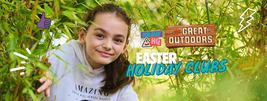 Girl smiling in greenery with "Easter Holiday Clubs" text and playful graphics like a thumbs up and lightning bolt.