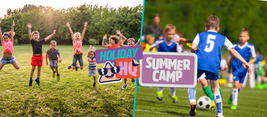 Children playing soccer at a summer camp; others are jumping with joy on a grassy field under a bright sky.