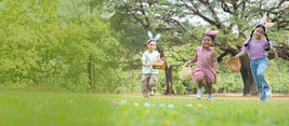 Three children wearing bunny ears joyfully run with baskets in a grassy park, participating in an egg hunt under large trees.