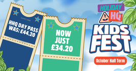 Illustration of two tickets for "Kids Fest" with a discounted price of £34.20, set against a sky background with leaves.