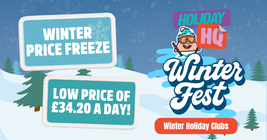 Cartoon snowy landscape with "Winter Fest" text, featuring "Winter Price Freeze" and "Low Price of £34.20 a Day!" banners.